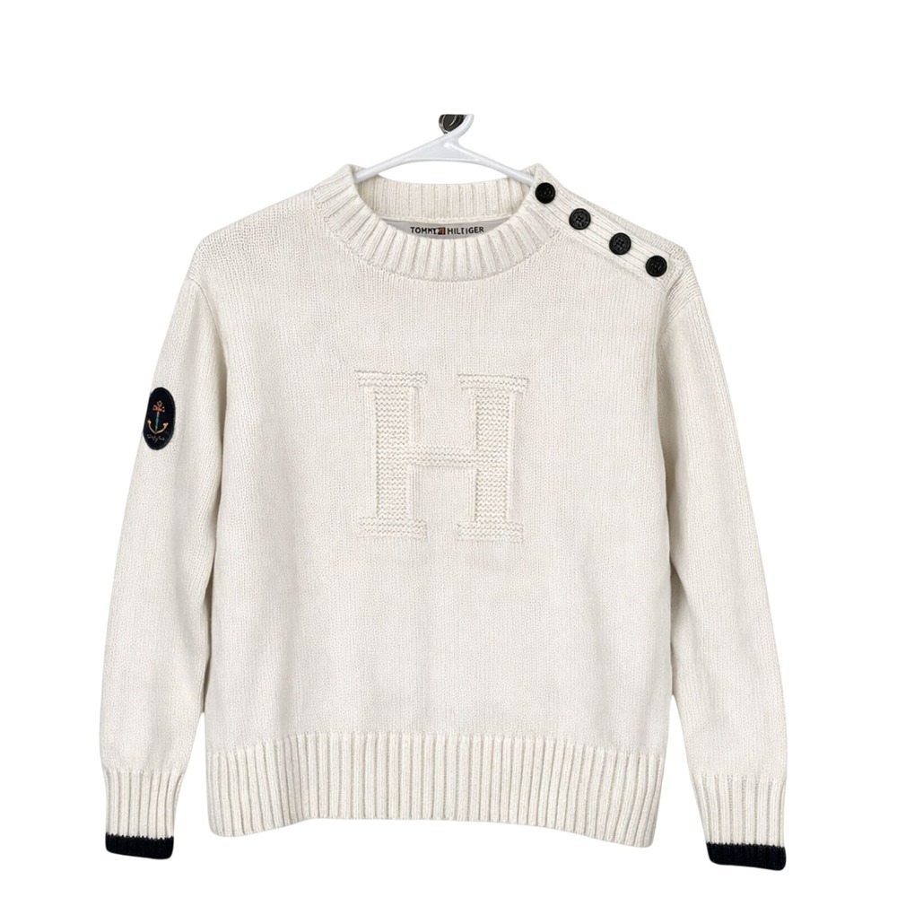 Tommy Hilfiger White Nautical Sweater L Anchor Buttons Cotton Knit Preppy